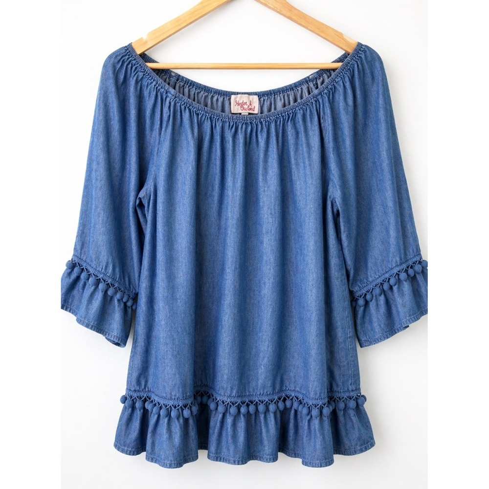 Anthropologie Hester & Orchard  Boatneck Top Peasant Boho Pom Pom Trim Size L